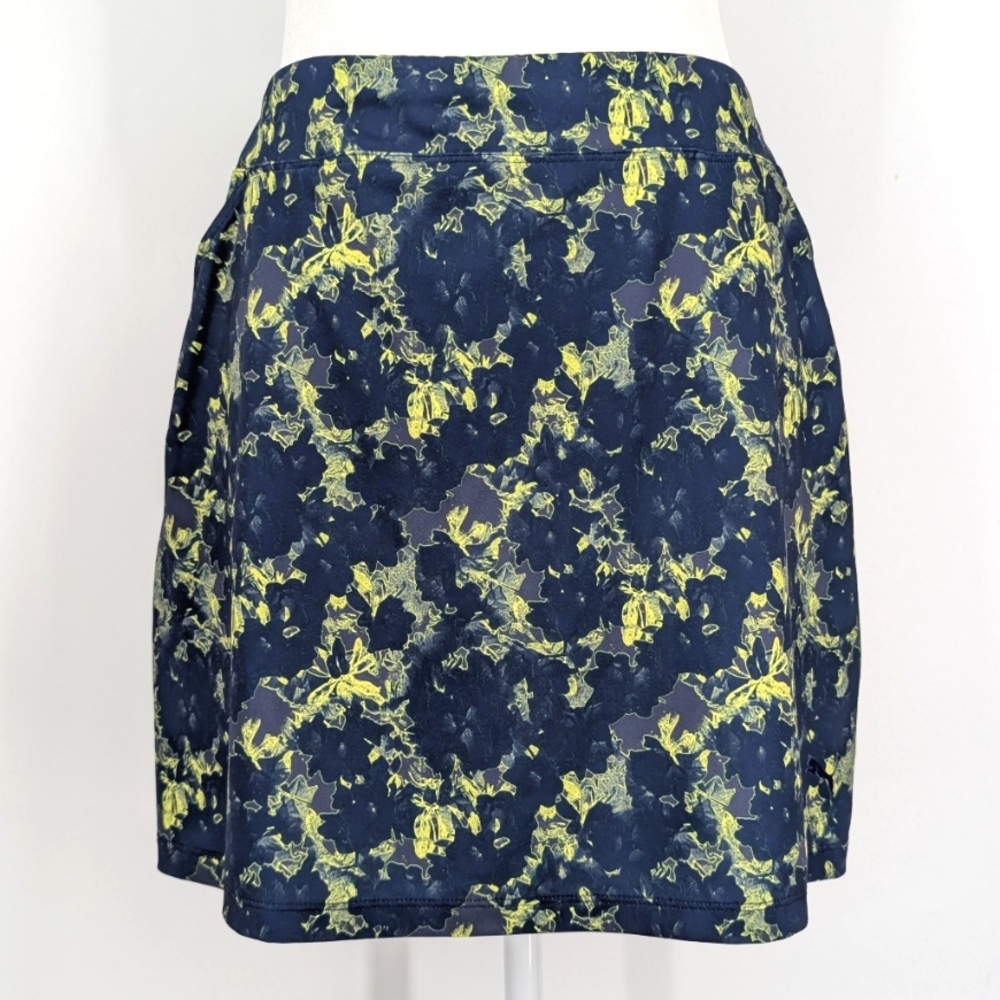 Puma Navy Blue Yellow Green Abstract Mini A-Line Activewear Tennis Skirt Medium